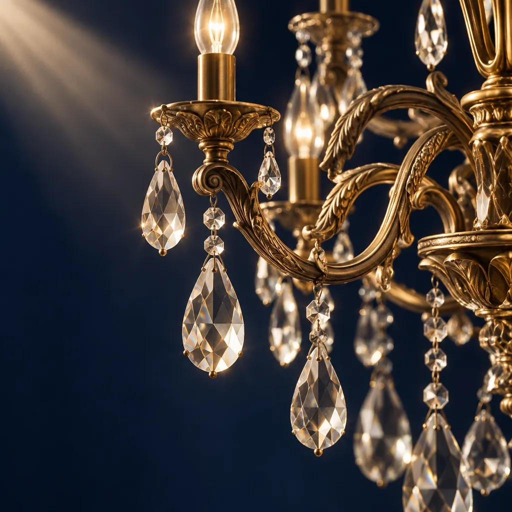 Close detail of crystal drops and antique brass chandelier arms illuminated by ambient light