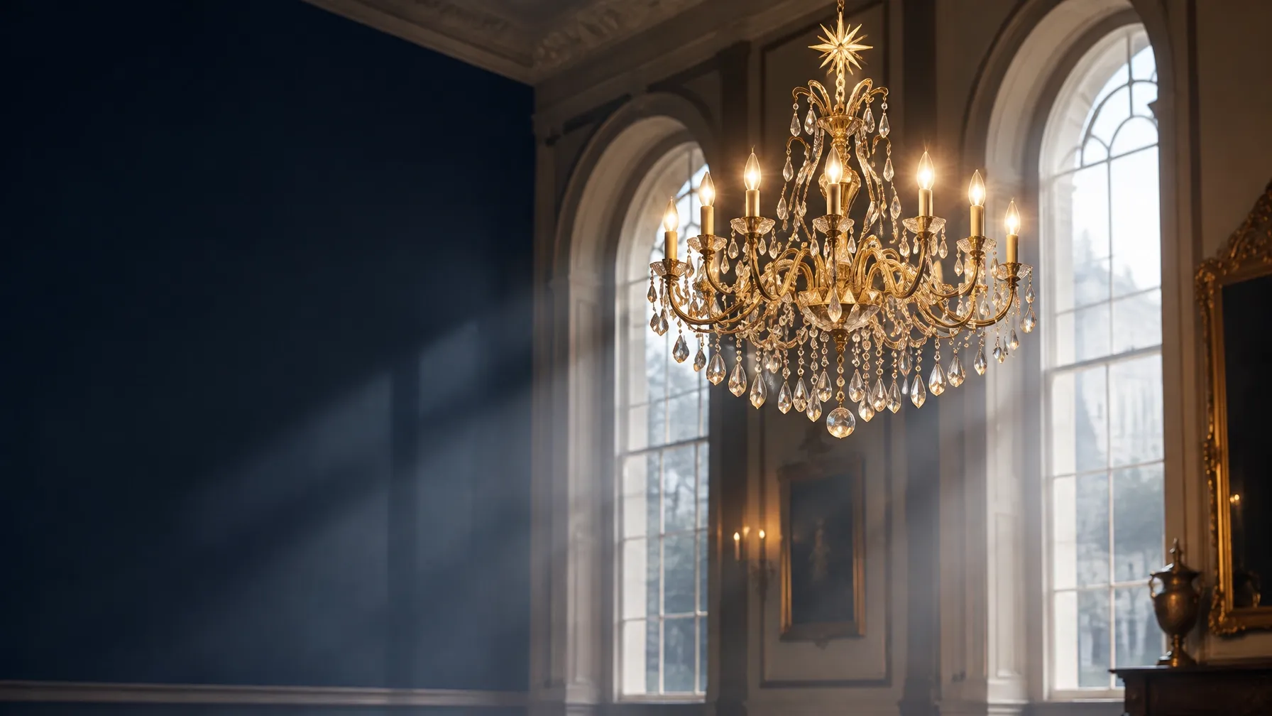Illuminated crystal chandelier in a grand heritage room