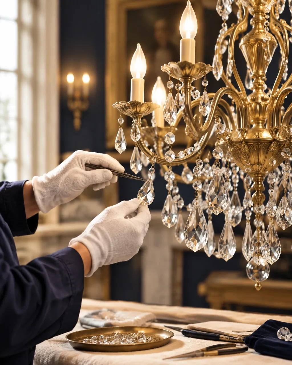 Specialist in white gloves cleaning a crystal chandelier beside a heritage window