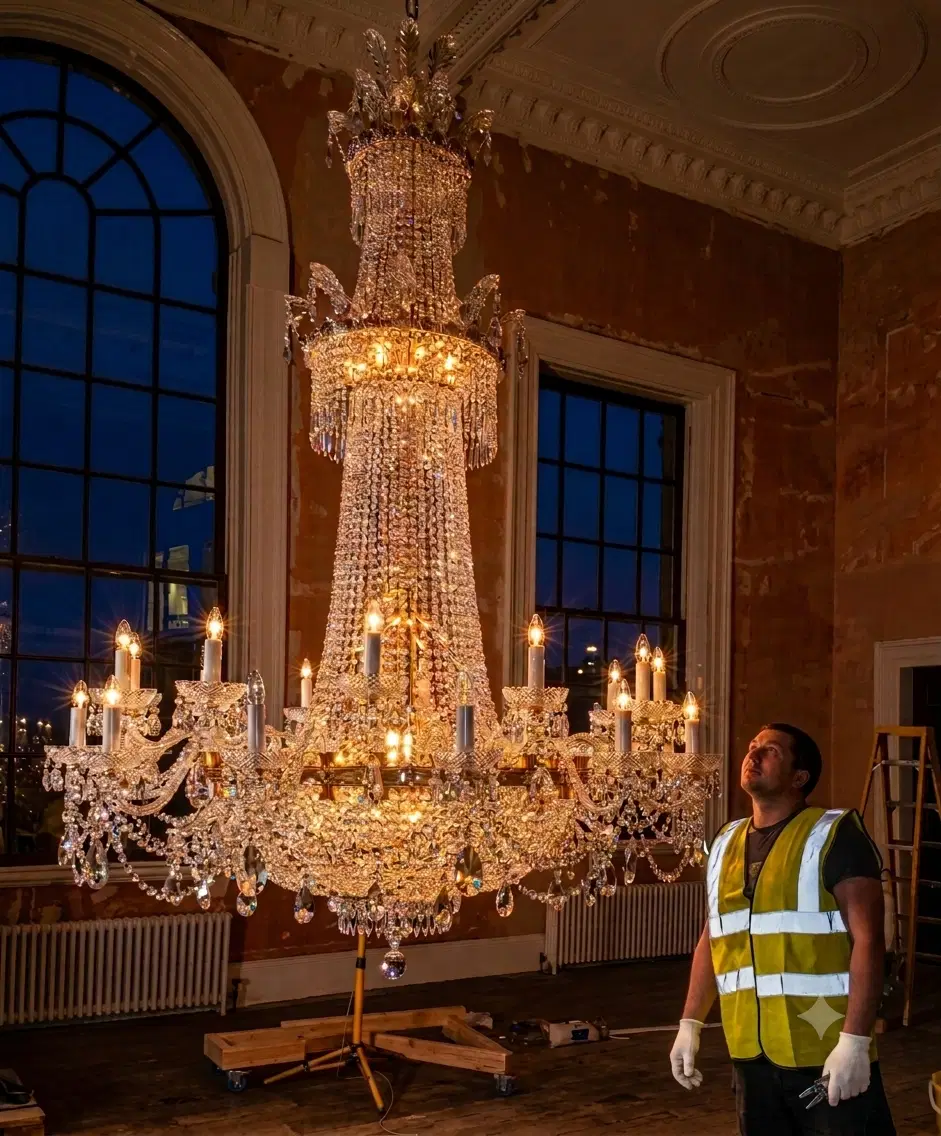 Gloved chandelier specialist working carefully beside a large illuminated crystal chandelier